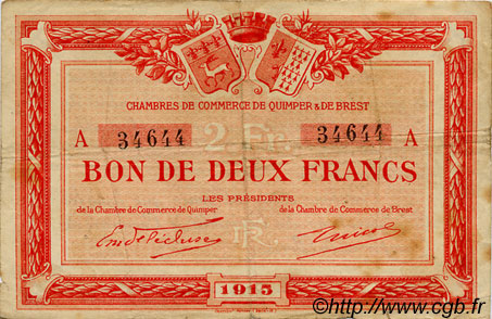 2 Francs FRANCE régionalisme et divers Quimper et Brest 1915 JP.104.03 TB