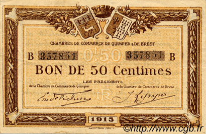 50 Centimes FRANCE regionalismo e varie Quimper et Brest 1915 JP.104.04 BB to SPL
