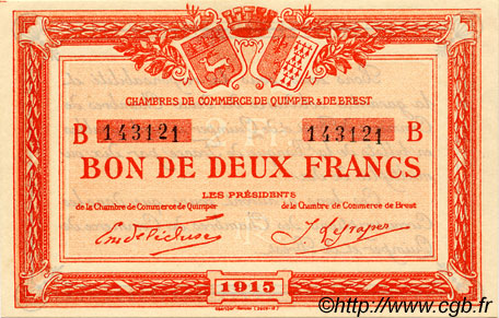 2 Francs FRANCE Regionalismus und verschiedenen Quimper et Brest 1915 JP.104.06 fST to ST