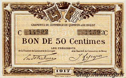 50 Centimes FRANCE regionalism and various Quimper et Brest 1917 JP.104.07 AU+