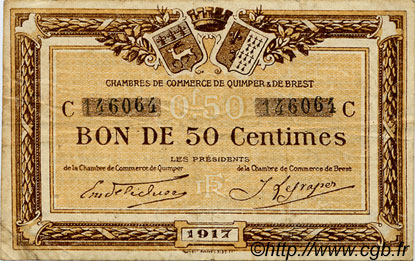 50 Centimes FRANCE regionalismo y varios Quimper et Brest 1917 JP.104.07 MBC a EBC