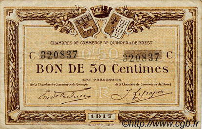 50 Centimes FRANCE Regionalismus und verschiedenen Quimper et Brest 1917 JP.104.07 S