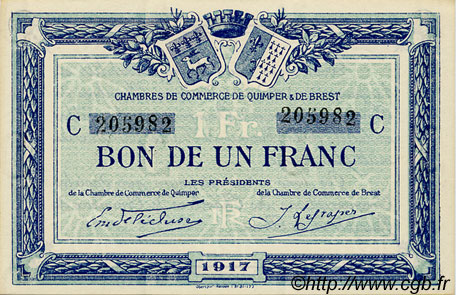 1 Franc FRANCE regionalism and various Quimper et Brest 1917 JP.104.08 AU+