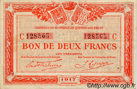 2 Francs FRANCE regionalismo y varios Quimper et Brest 1917 JP.104.09 MBC a EBC