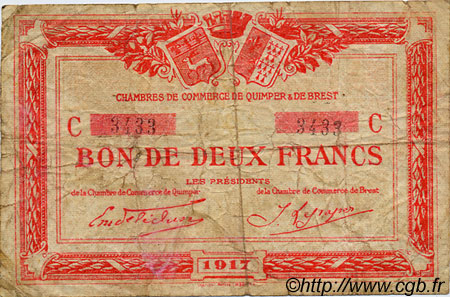 2 Francs FRANCE regionalism and various Quimper et Brest 1917 JP.104.09 F
