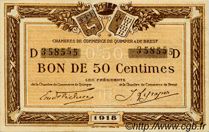 50 Centimes FRANCE regionalismo y varios Quimper et Brest 1918 JP.104.10 MBC a EBC