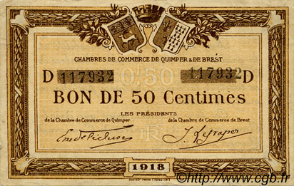 50 Centimes FRANCE regionalism and various Quimper et Brest 1918 JP.104.10 F