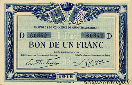 1 Franc FRANCE regionalismo e varie Quimper et Brest 1918 JP.104.11 AU a FDC
