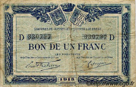 1 Franc FRANCE régionalisme et divers Quimper et Brest 1918 JP.104.11 TB