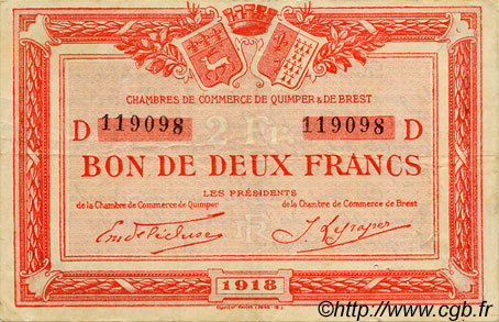 2 Francs FRANCE regionalismo y varios Quimper et Brest 1918 JP.104.12 MBC a EBC