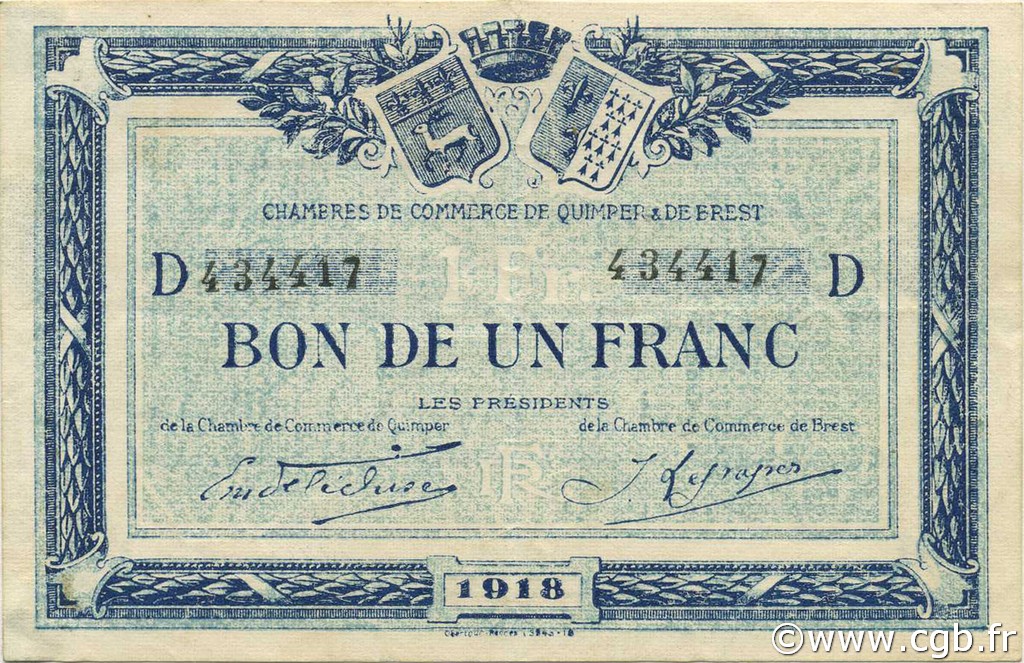 1 Franc FRANCE Regionalismus und verschiedenen Quimper et Brest 1918 JP.104.14 SS to VZ