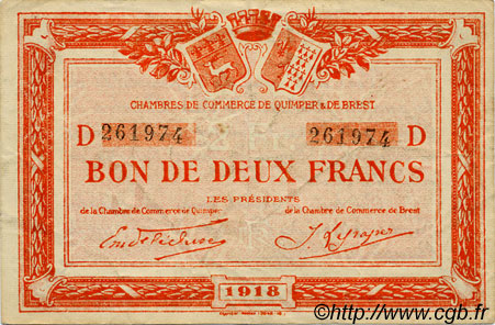 2 Francs FRANCE régionalisme et divers Quimper et Brest 1918 JP.104.15 TB