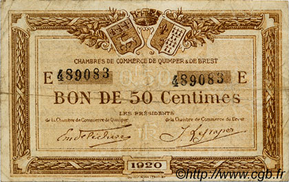 50 Centimes FRANCE regionalism and various Quimper et Brest 1920 JP.104.16 F