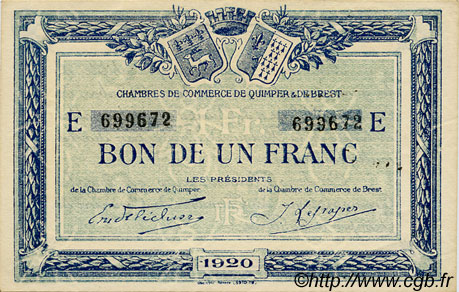1 Franc FRANCE regionalismo y varios Quimper et Brest 1920 JP.104.17 SC a FDC