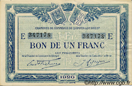 1 Franc FRANCE Regionalismus und verschiedenen Quimper et Brest 1920 JP.104.17 SS to VZ
