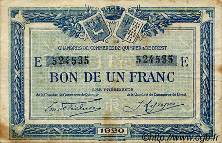 1 Franc FRANCE regionalism and various Quimper et Brest 1920 JP.104.17 F