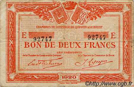 2 Francs FRANCE régionalisme et divers Quimper et Brest 1920 JP.104.18 TB