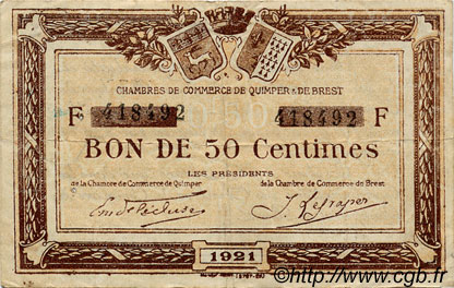 50 Centimes FRANCE regionalismo e varie Quimper et Brest 1921 JP.104.19 MB