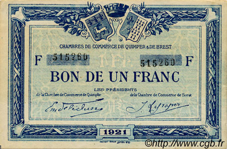 1 Franc FRANCE regionalism and various Quimper et Brest 1921 JP.104.20 VF - XF