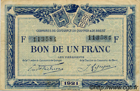 1 Franc  FRANCE régionalisme et divers Quimper et Brest 1921 JP.104.20 TB