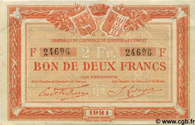 2 Francs FRANCE regionalism and miscellaneous Quimper et Brest 1921 JP.104.21 VF - XF