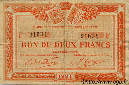 2 Francs FRANCE régionalisme et divers Quimper et Brest 1921 JP.104.21 TB