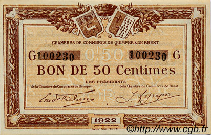 50 Centimes FRANCE regionalism and miscellaneous Quimper et Brest 1922 JP.104.22 AU+
