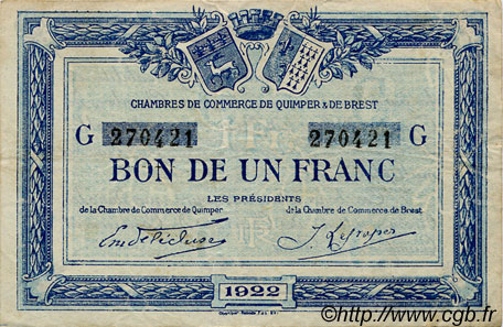 1 Franc FRANCE régionalisme et divers Quimper et Brest 1922 JP.104.23 TB