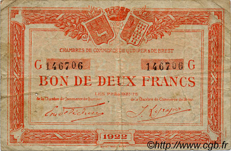 2 Francs FRANCE regionalism and various Quimper et Brest 1922 JP.104.24 F
