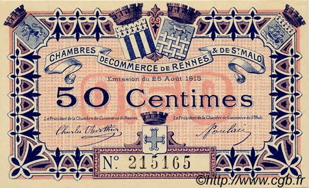 50 Centimes FRANCE regionalismo y varios Rennes et Saint-Malo 1915 JP.105.01 SC a FDC
