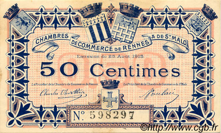 50 Centimes FRANCE regionalismo y varios Rennes et Saint-Malo 1915 JP.105.01 MBC a EBC