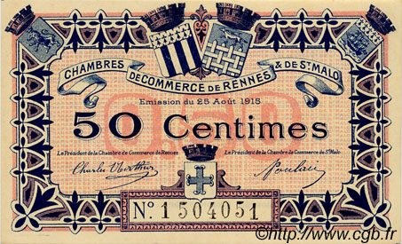 50 Centimes FRANCE regionalismo y varios Rennes et Saint-Malo 1915 JP.105.06 SC a FDC