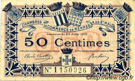 50 Centimes FRANCE Regionalismus und verschiedenen Rennes et Saint-Malo 1915 JP.105.06 SS to VZ
