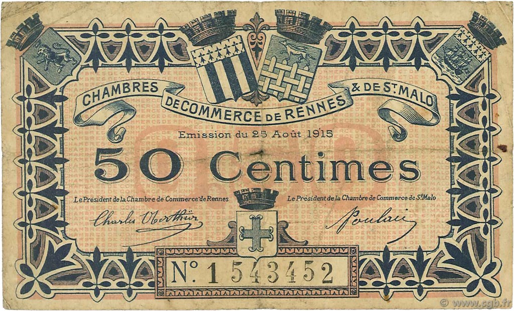 50 Centimes FRANCE régionalisme et divers Rennes et Saint-Malo 1915 JP.105.06 TB