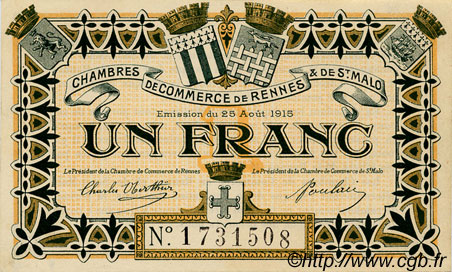 1 Franc FRANCE regionalismo y varios Rennes et Saint-Malo 1915 JP.105.07 SC a FDC