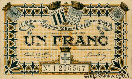 1 Franc FRANCE régionalisme et divers Rennes et Saint-Malo 1915 JP.105.07 TTB à SUP
