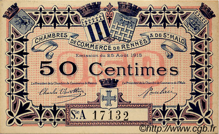 50 Centimes FRANCE regionalismo y varios Rennes et Saint-Malo 1915 JP.105.10 SC a FDC