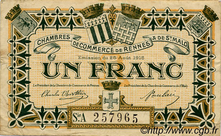 1 Franc FRANCE régionalisme et divers Rennes et Saint-Malo 1915 JP.105.11 TB