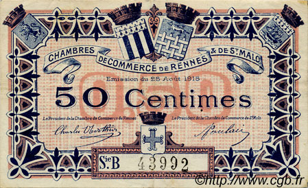 50 Centimes FRANCE regionalism and various Rennes et Saint-Malo 1915 JP.105.13 VF - XF