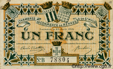 1 Franc FRANCE Regionalismus und verschiedenen Rennes et Saint-Malo 1915 JP.105.15 SS to VZ
