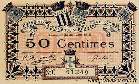 50 Centimes FRANCE regionalism and various Rennes et Saint-Malo 1915 JP.105.17 AU+