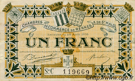 1 Franc FRANCE régionalisme et divers Rennes et Saint-Malo 1915 JP.105.18 TTB à SUP