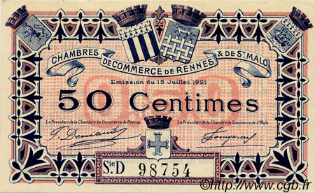 50 Centimes FRANCE regionalismo y varios Rennes et Saint-Malo 1921 JP.105.19 MBC a EBC