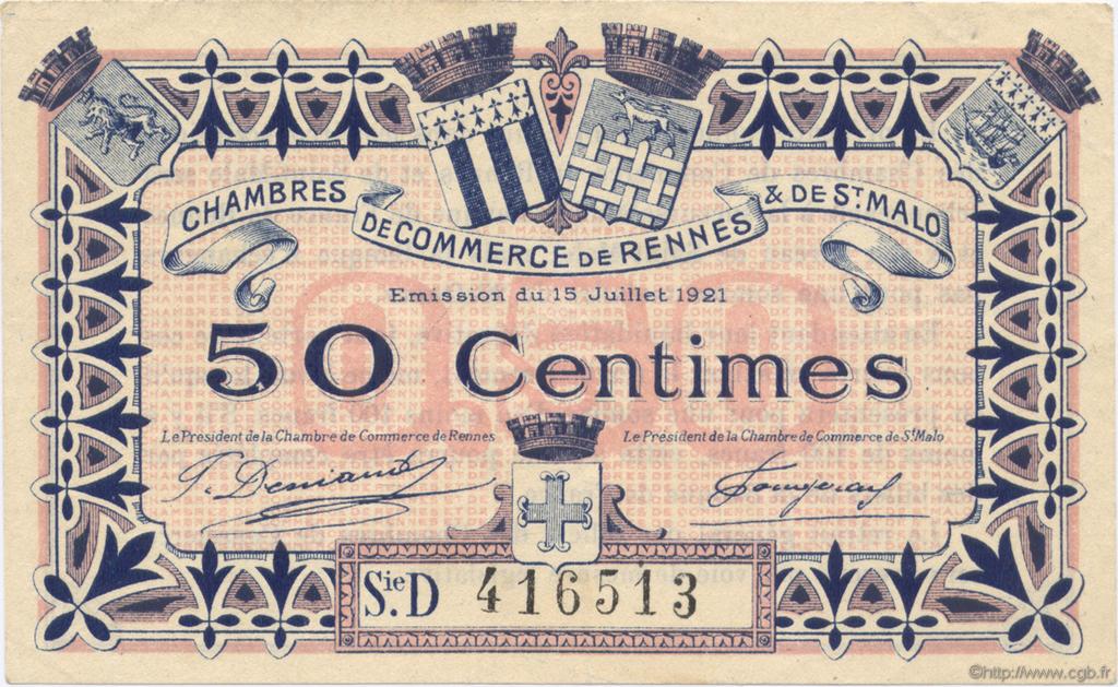 1 Franc FRANCE regionalismo y varios Rennes et Saint-Malo 1921 JP.105.20 MBC a EBC
