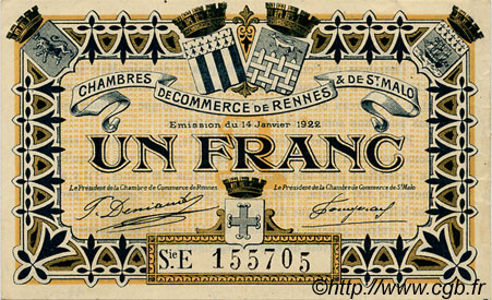 1 Franc FRANCE Regionalismus und verschiedenen Rennes et Saint-Malo 1922 JP.105.22 SS to VZ