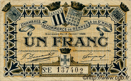 1 Franc FRANCE regionalism and various Rennes et Saint-Malo 1922 JP.105.22 F
