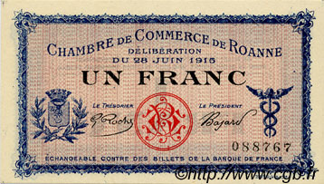 1 Franc FRANCE regionalism and miscellaneous Roanne 1915 JP.106.02 AU+