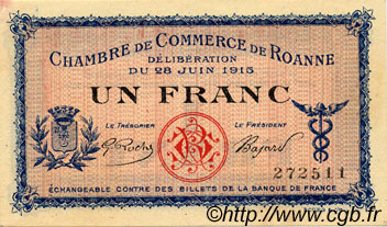 1 Franc FRANCE regionalism and miscellaneous Roanne 1915 JP.106.02 VF - XF