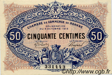 50 Centimes FRANCE regionalismo e varie Roanne 1915 JP.106.05 AU a FDC