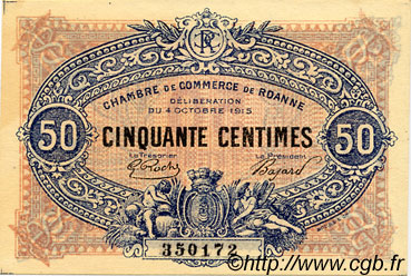 50 Centimes FRANCE regionalism and miscellaneous Roanne 1915 JP.106.05 VF - XF